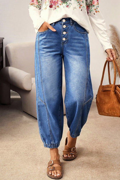 Stacey B's Blue 4 Buttons Front Tapered Casual Loose Fit Jeans