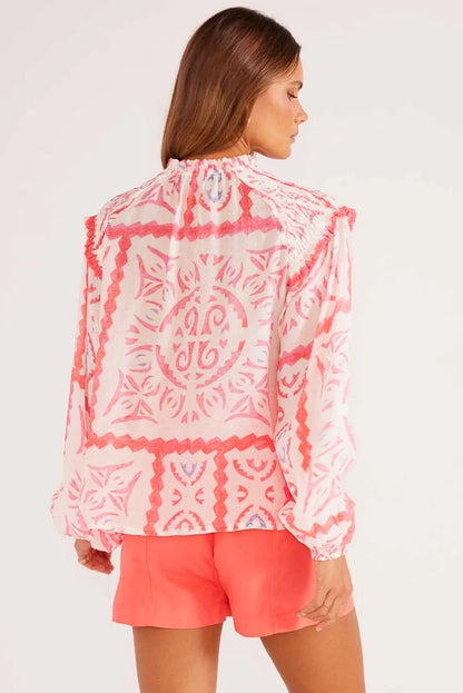 Stacey B's Desert Flower Vintage Print Smocked Poet Collar Billowy Blouson Sleeves Blouse