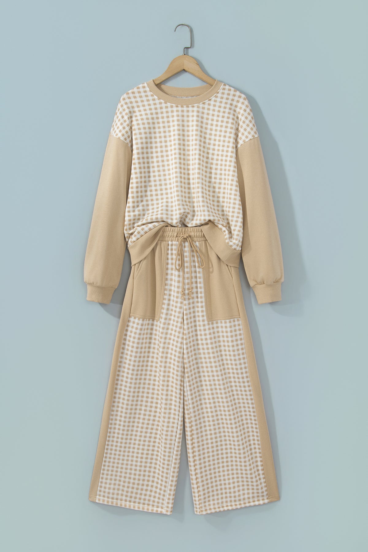 Stacey B's Brown Color Block Plaid Patchwork Long Sleeve Pullover Wide Leg Pant Set