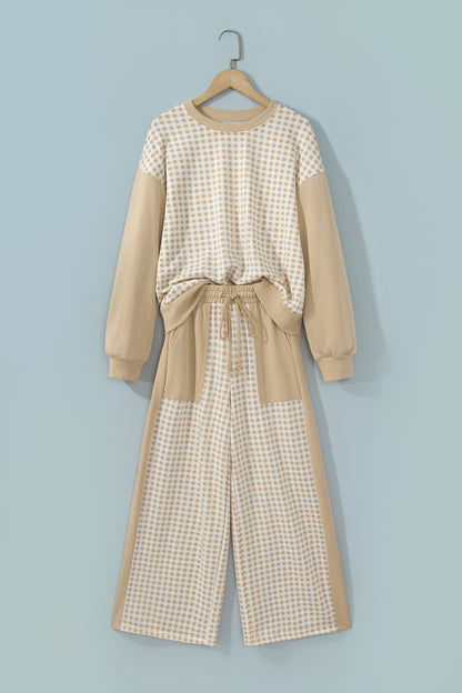Stacey B's Brown Color Block Plaid Patchwork Long Sleeve Pullover Wide Leg Pant Set