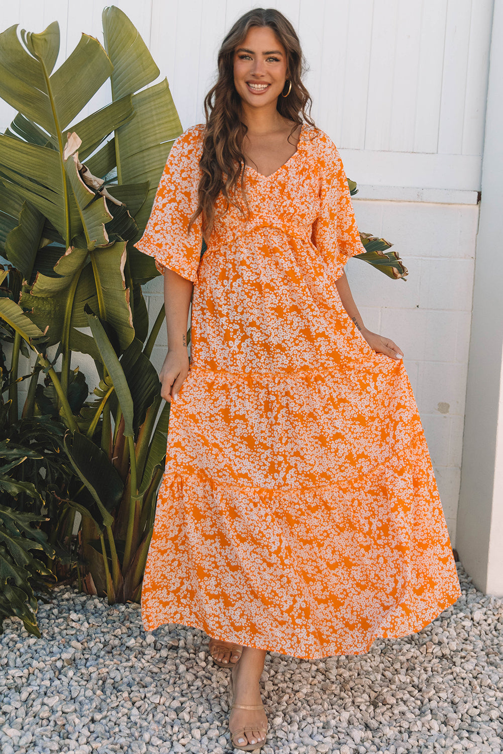 Stacey B's Orange Floral Print Smocked V Neck Wide Sleeve Maxi Dress