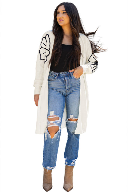 Stacey B's Beige Flower Embroidered Drop Shoulder Open Front Duster Cardigan