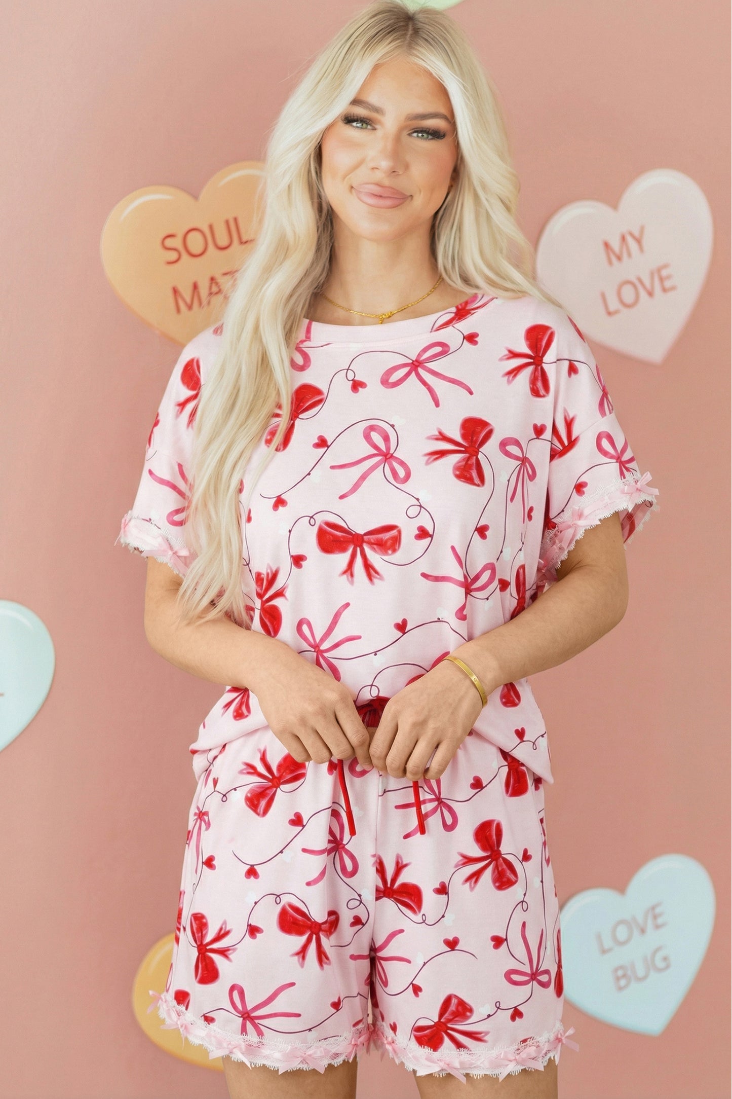 Stacey B's Red Romantic Bow Print Loose Tee Drawstring Shorts 2pcs Lounge Set