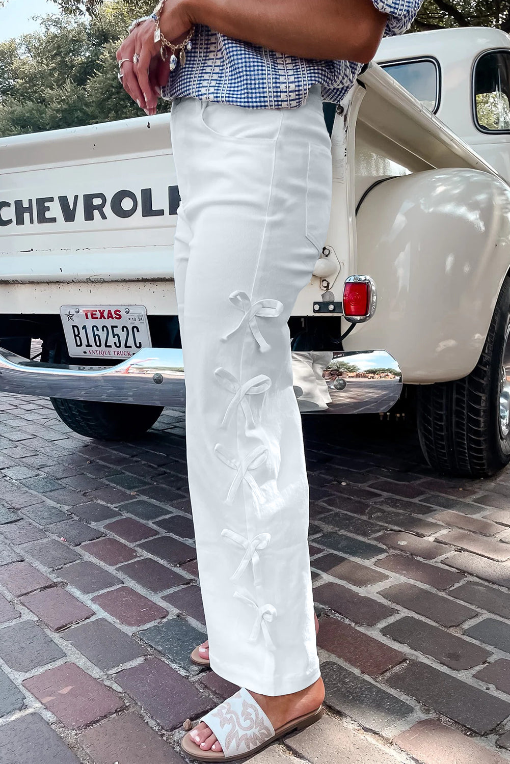 Stacey B's White Bow Knot Side Detail Straight Leg Loose Jeans