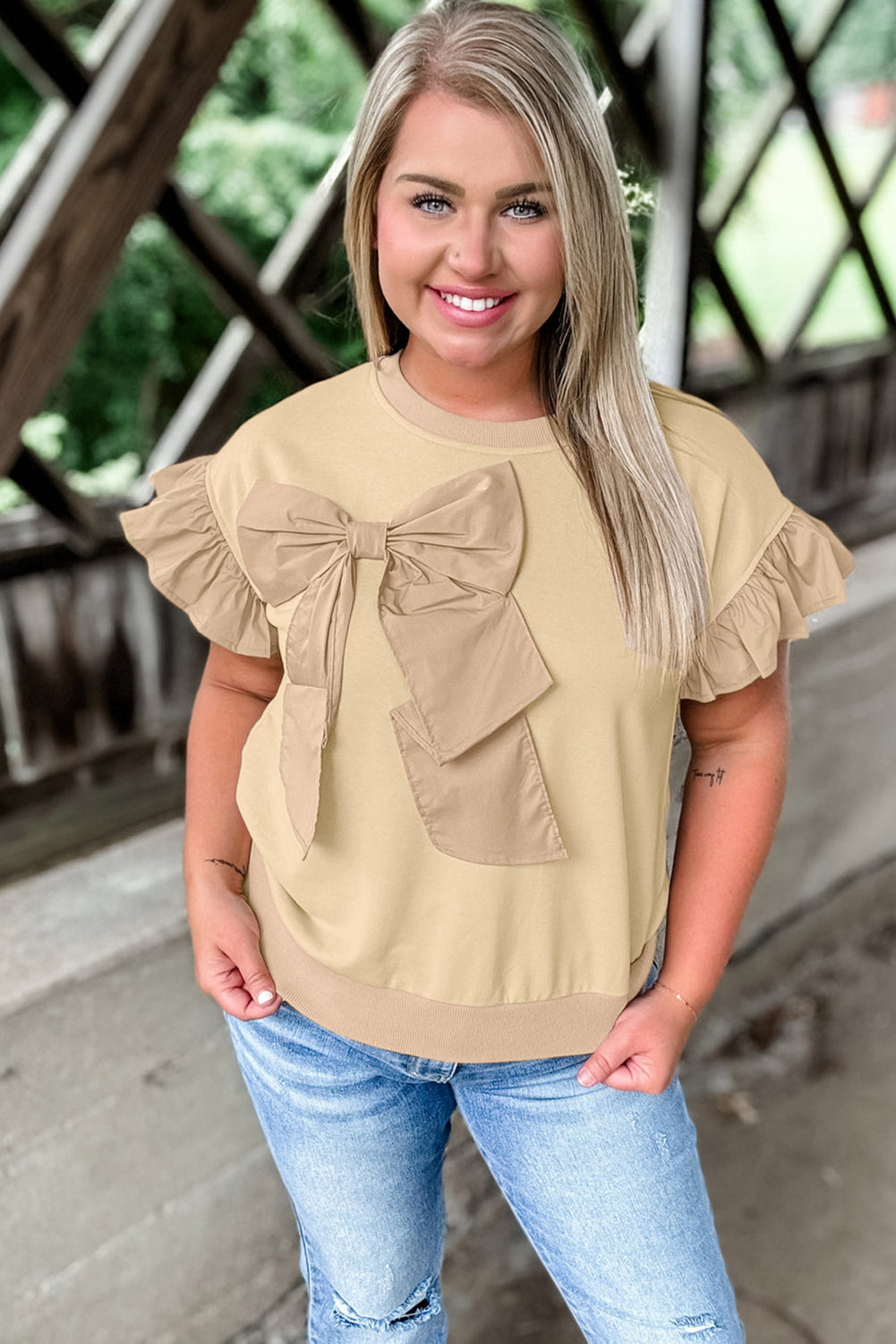 Stacey B's  Parchment Ruffled Short Sleeve Bowknot Applique Crew Neck Plus Size Top