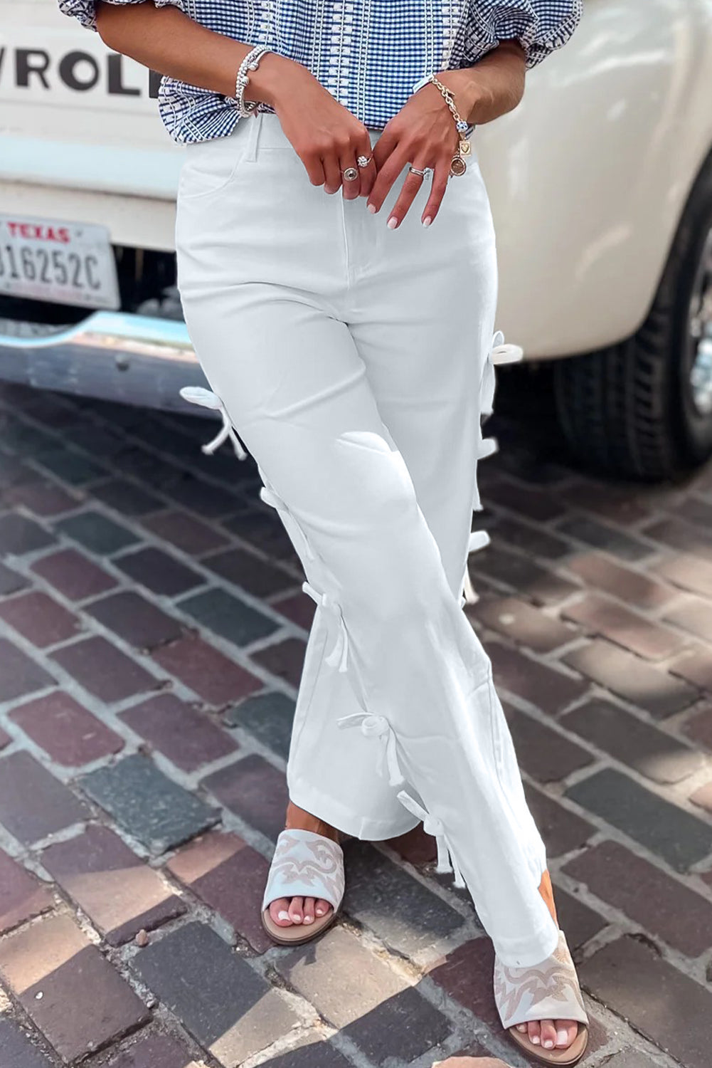 Stacey B's White Bow Knot Side Detail Straight Leg Loose Jeans