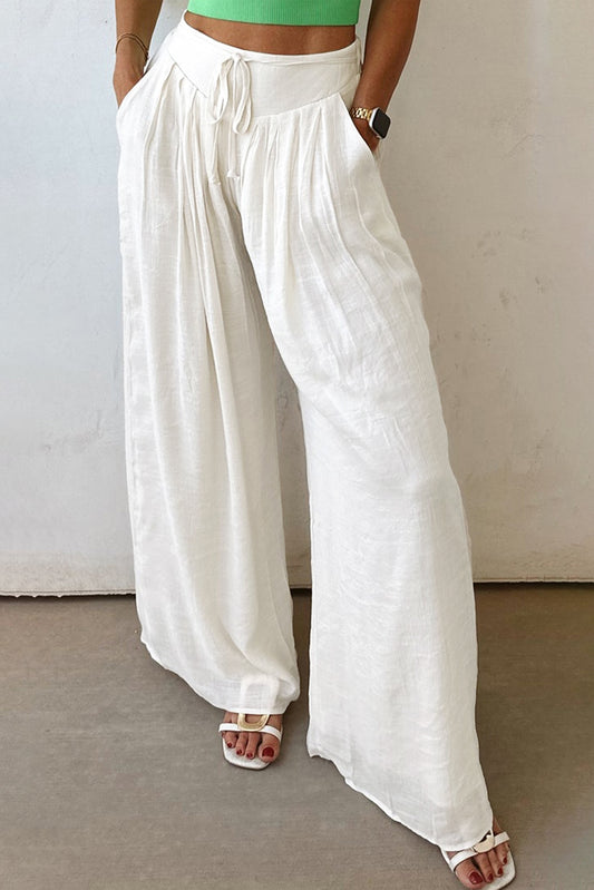 Stacey B's White Solid Drop Waist Pleated Wide Leg Casual Pants