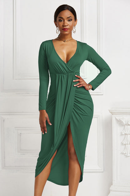 Stacey B's High-low Ruched Surplice Long Sleeve Dress