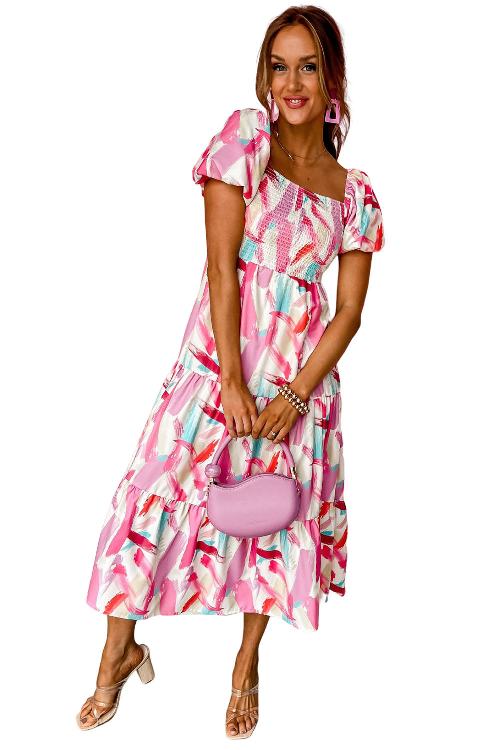 Stacey B's Pink Brush Stroke Printed Smocked Ruffle Tiered Dress