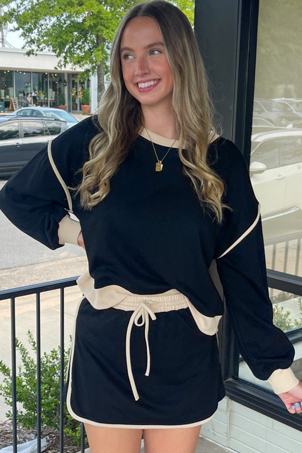 Stacey B's Black Color Contrast Loose Pullover and Lace-up Waist Skort Set