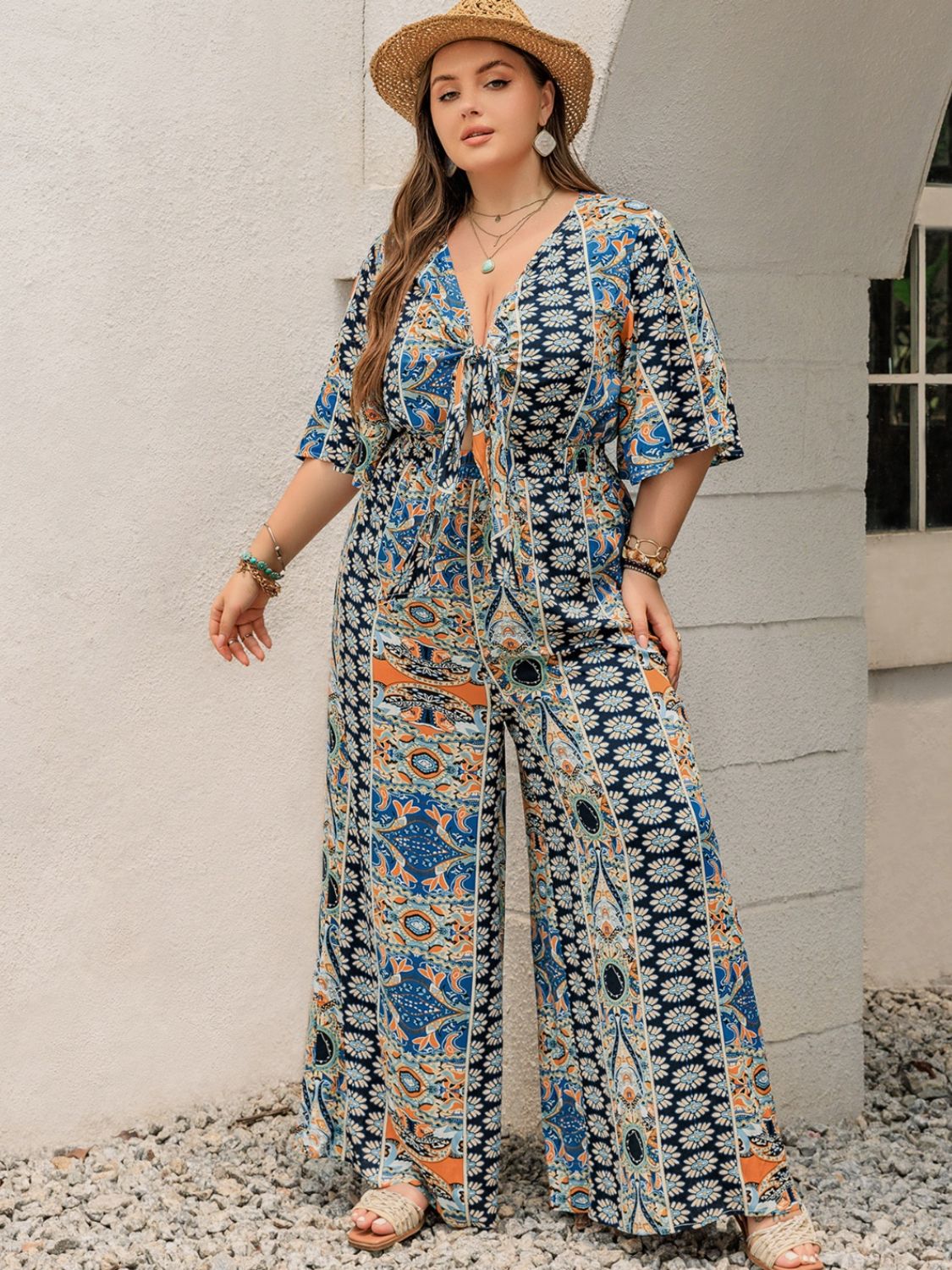 Stacey B's  Printed Half Sleeve Wide Leg Jumpsuit