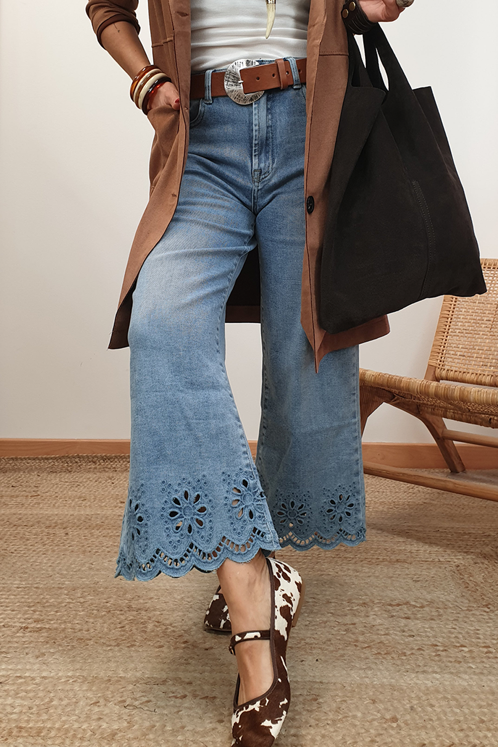 Stacey B's Dusk Blue Embroidered Cropped Wide Leg High Waist Jeans