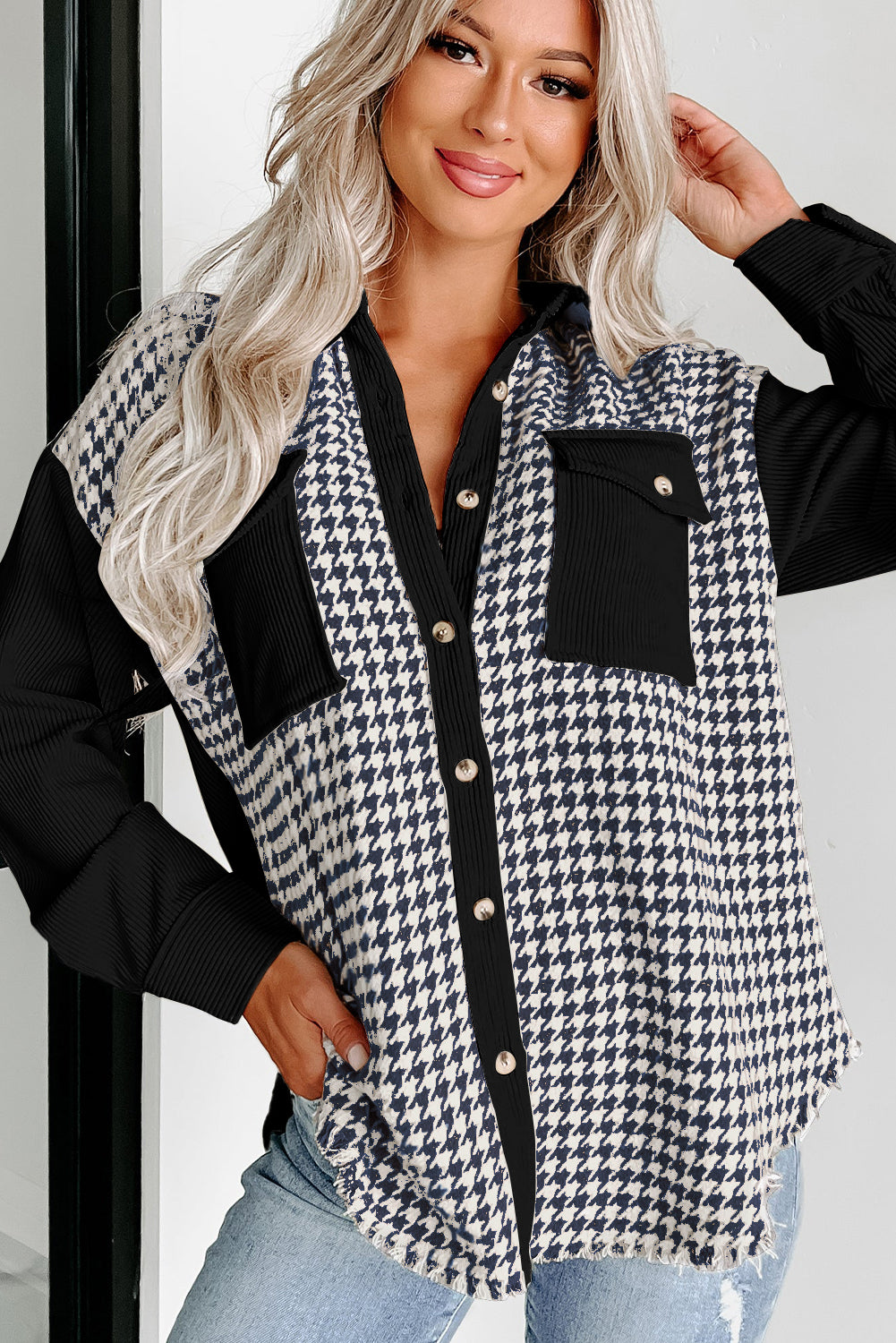 Stacey B's Black Houndstooth Corduroy Patchwork Flap Pocket Shacket