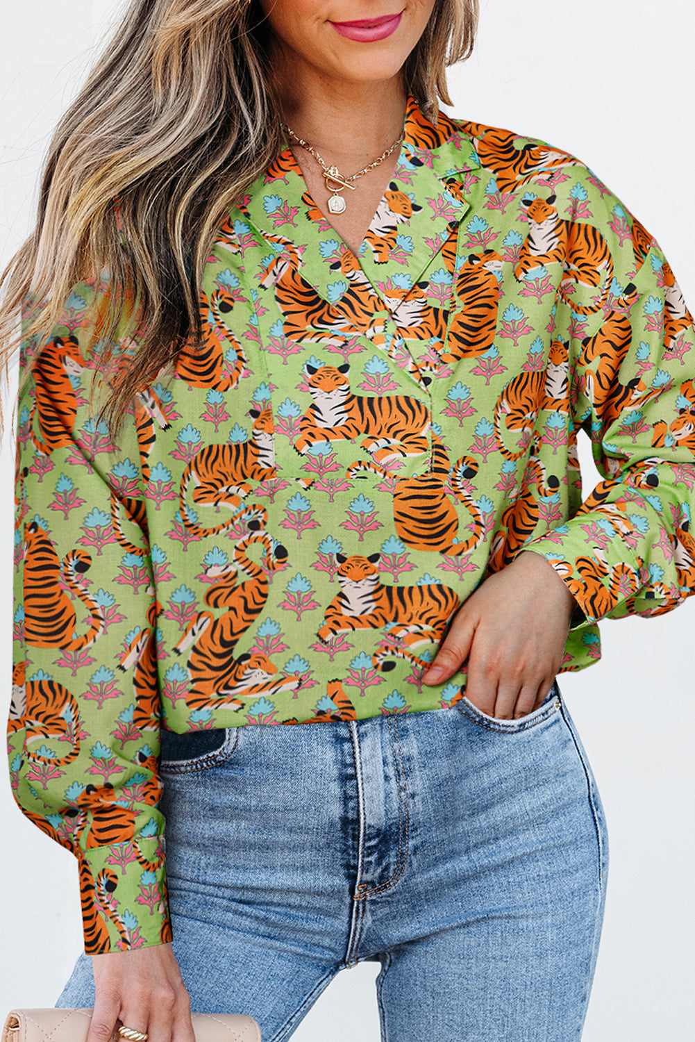 Stacey B's Green Tiger Floral Printed Collared V Neck Casual Shirt