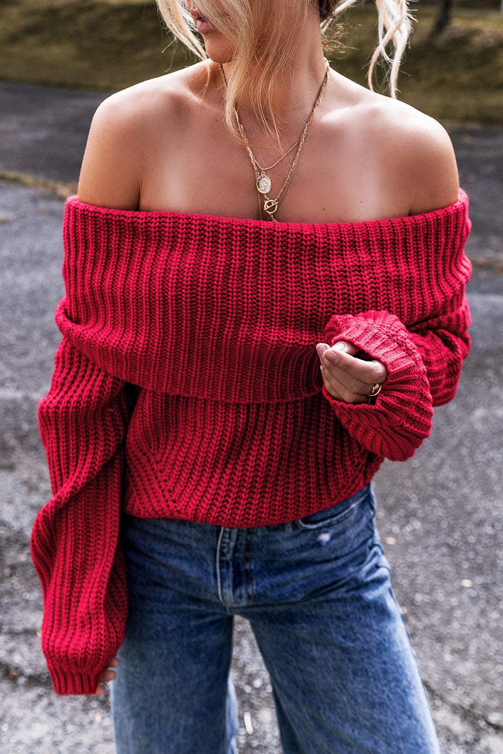 Stacey B's Racing Red Off-the-shoulder Knit Sweater