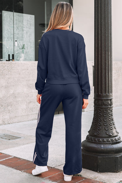 Stacey B's Dirty blue Varsity Striped Detail Crewneck Pullover Elastic Sweatpants 2pcs Outfit