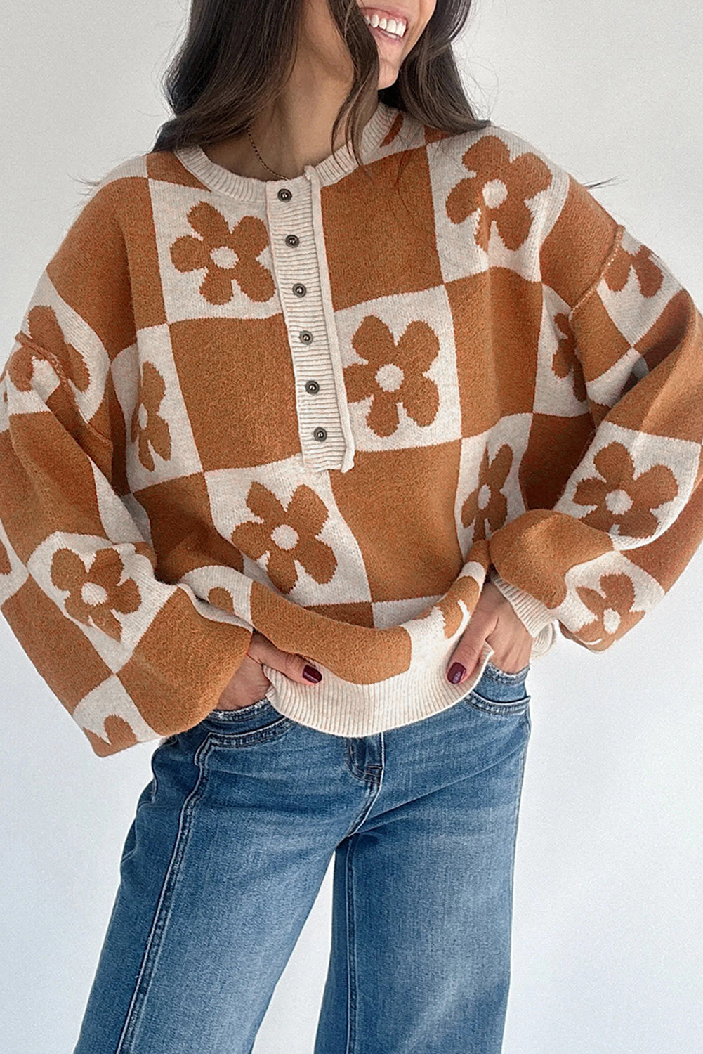 Stacey B's Black Flower Colorblock Checkered Henley Sweater