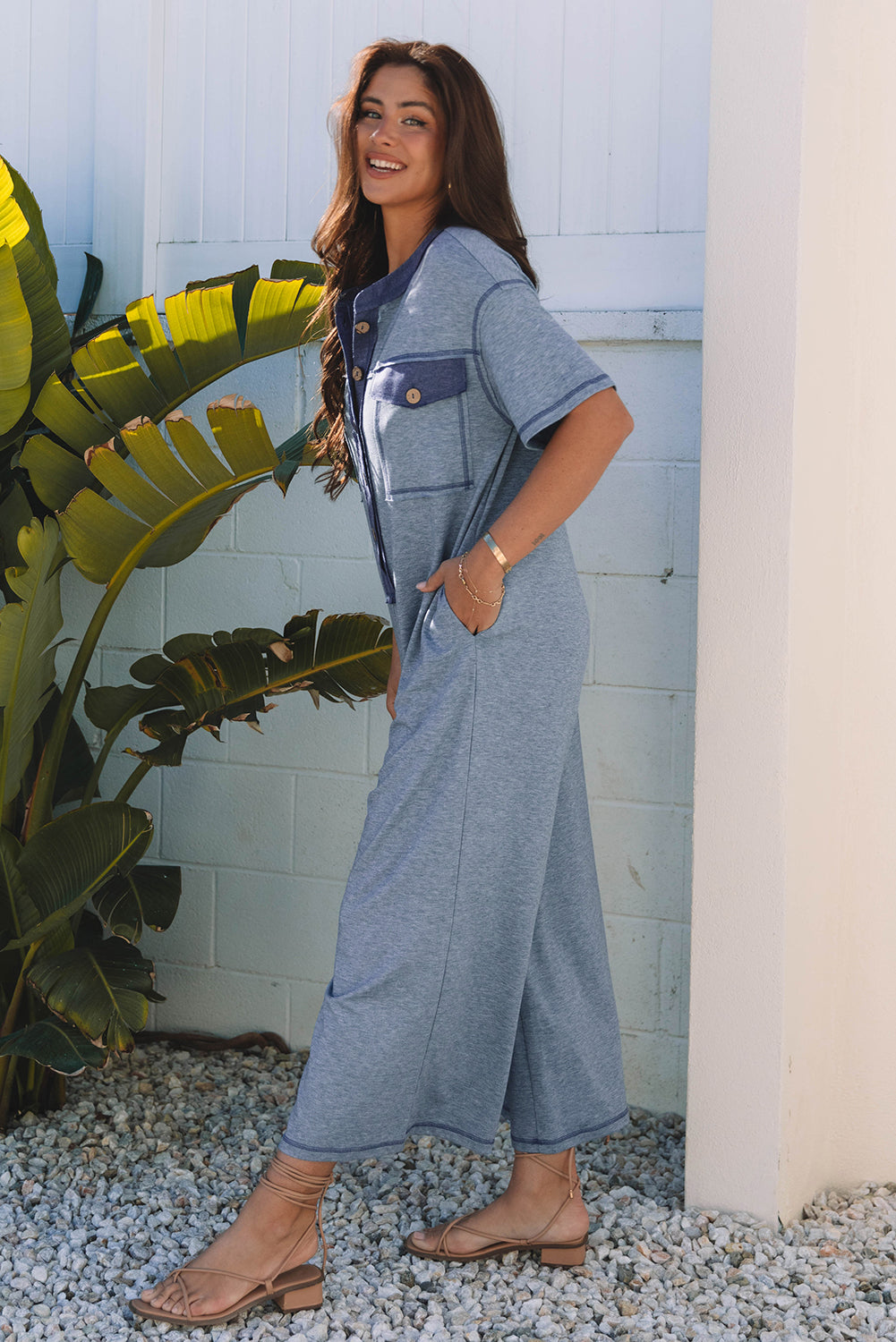 Stacey B's Beau Blue Half Placket Chest Pockets Short Sleeve Wide Leg Jumpsuit