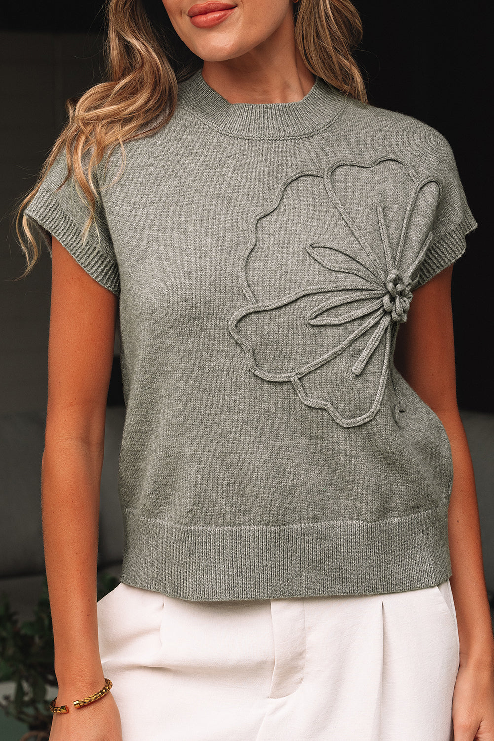 Stacey B's High Flower Pattern Ribbed Trim Short Sleeve Boxy Sweater