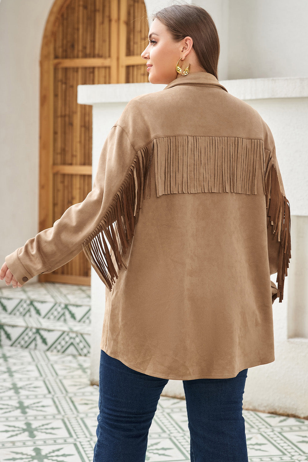 Stacey B's Khaki Fringe Trim Plus Size Suede Shacket