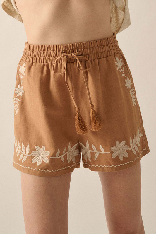 Stacey  B's Khaki Embroidered Boho Tasseled Drawstring Elastic Waist Casual shorts