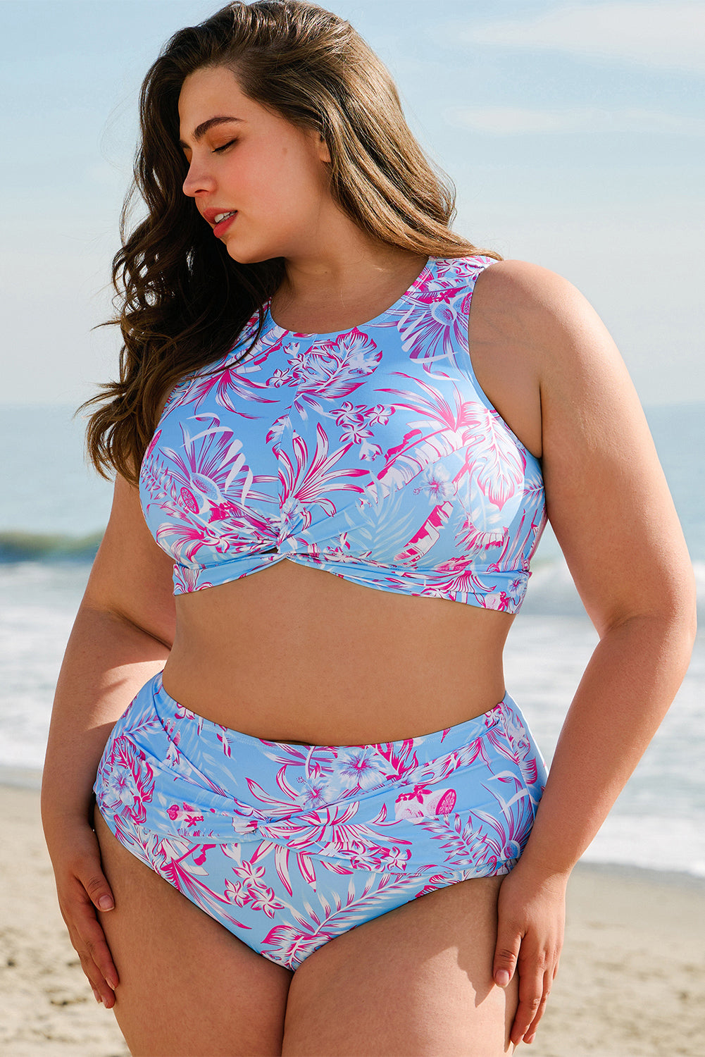 Stacey B's Sky Blue Plus Size Floral Print Twisted High Waist Bikini Set