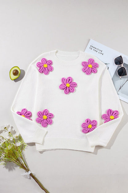 Stacey B's Crochet Flower Round Neck Long Sleeve Sweater