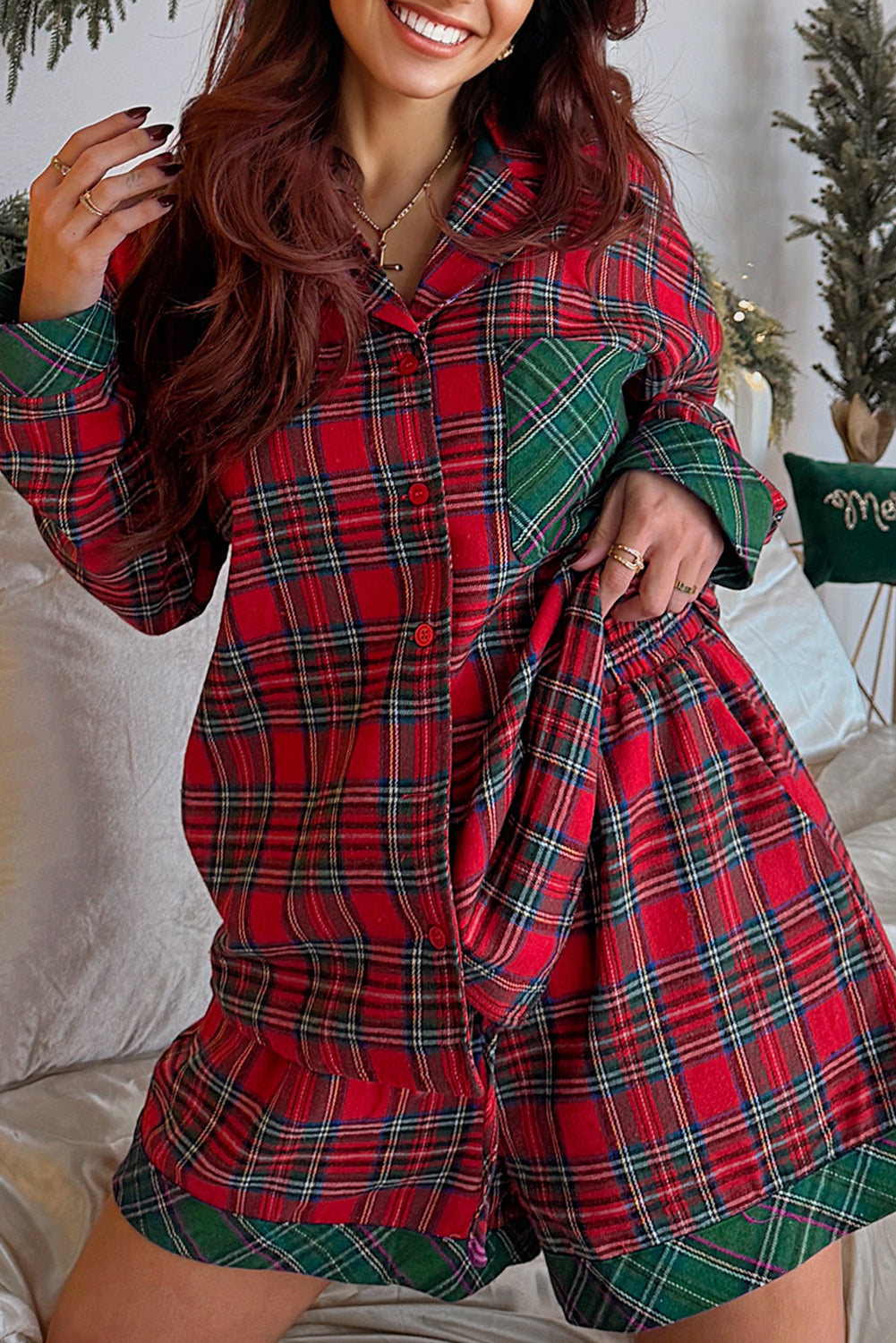 Stacey B's Red Plaid Contrast Color Christmas Holiday Long Sleeve Shirt and Shorts Pajama Set
