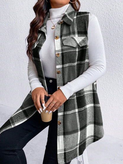 Stacey B's Honey Plus Size Pocketed Plaid Button Up Vest Coat