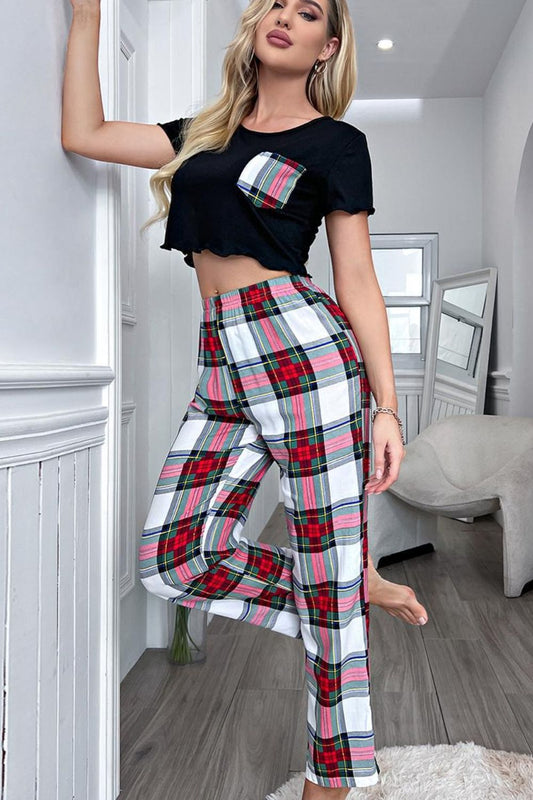 Stacey B's Lettuce Trim Cropped T-Shirt and Plaid Pants Lounge Set