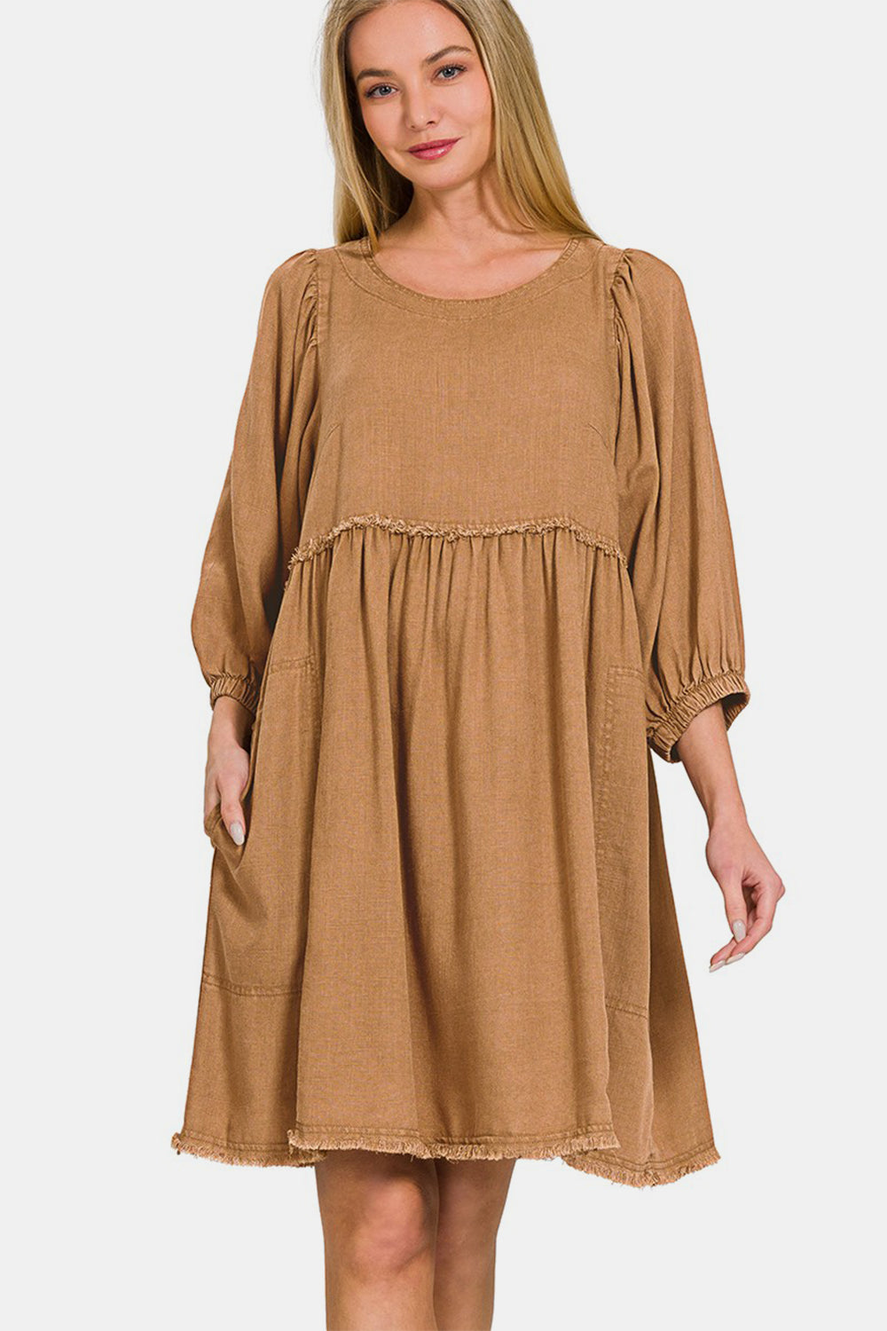 Stacey B's Zenana Washed Linen Pleated Puff Sleeve Babydoll Dress