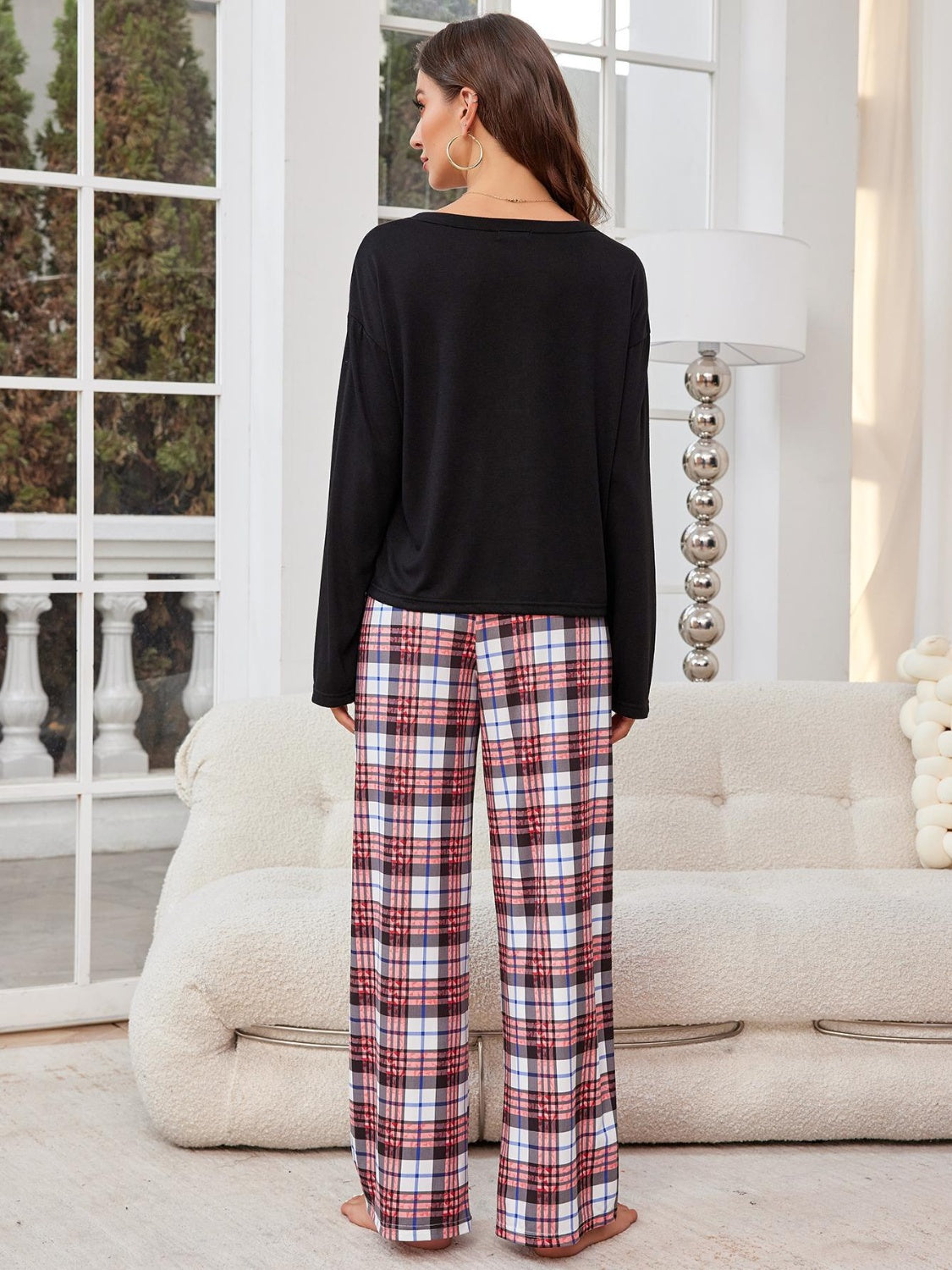 Stacey B's Round Neck Long Sleeve Top and Plaid Pants Lounge Set