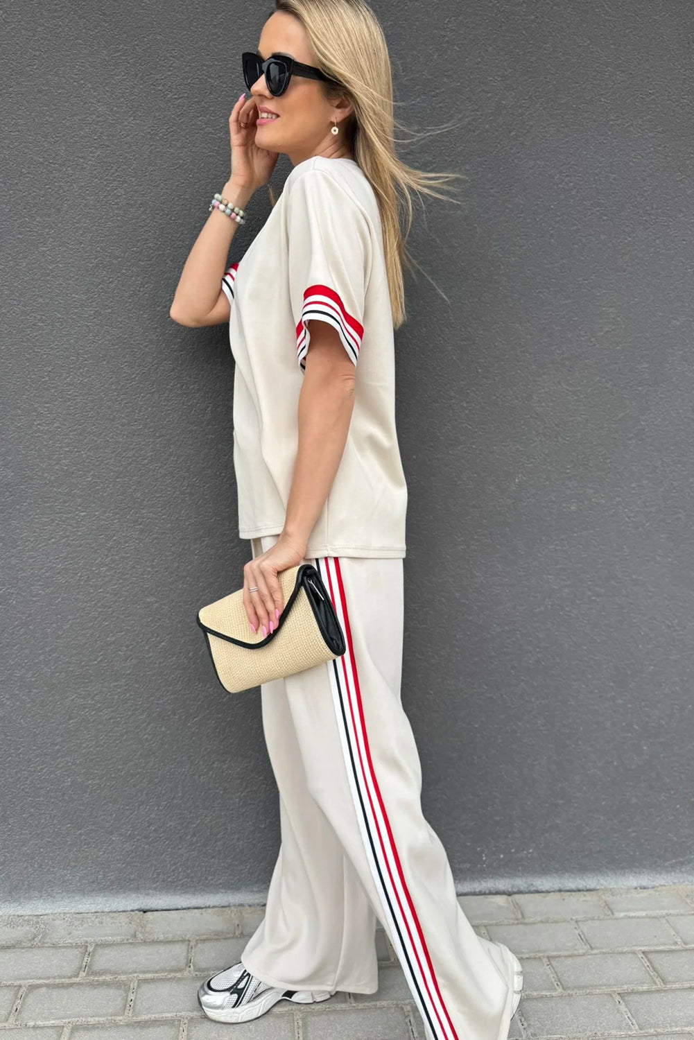 Stacey B's Jet Stream Contrast Striped Trim Crewneck T Shirt Loose Straight Pants Set