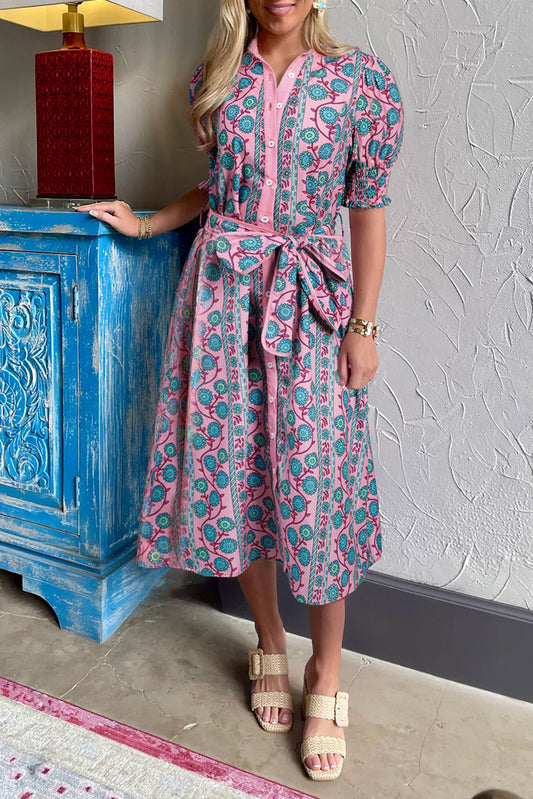 Stacey B's Pink Boho Floral Shirred Short Sleeve Belted Dress