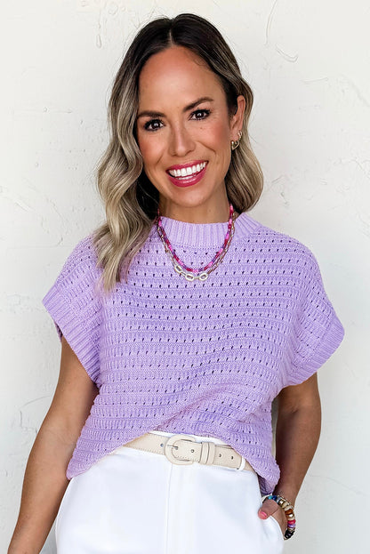 Stacey B's Lavendula Pointelle knit Ribbed Trim Short Sleeve Sweater