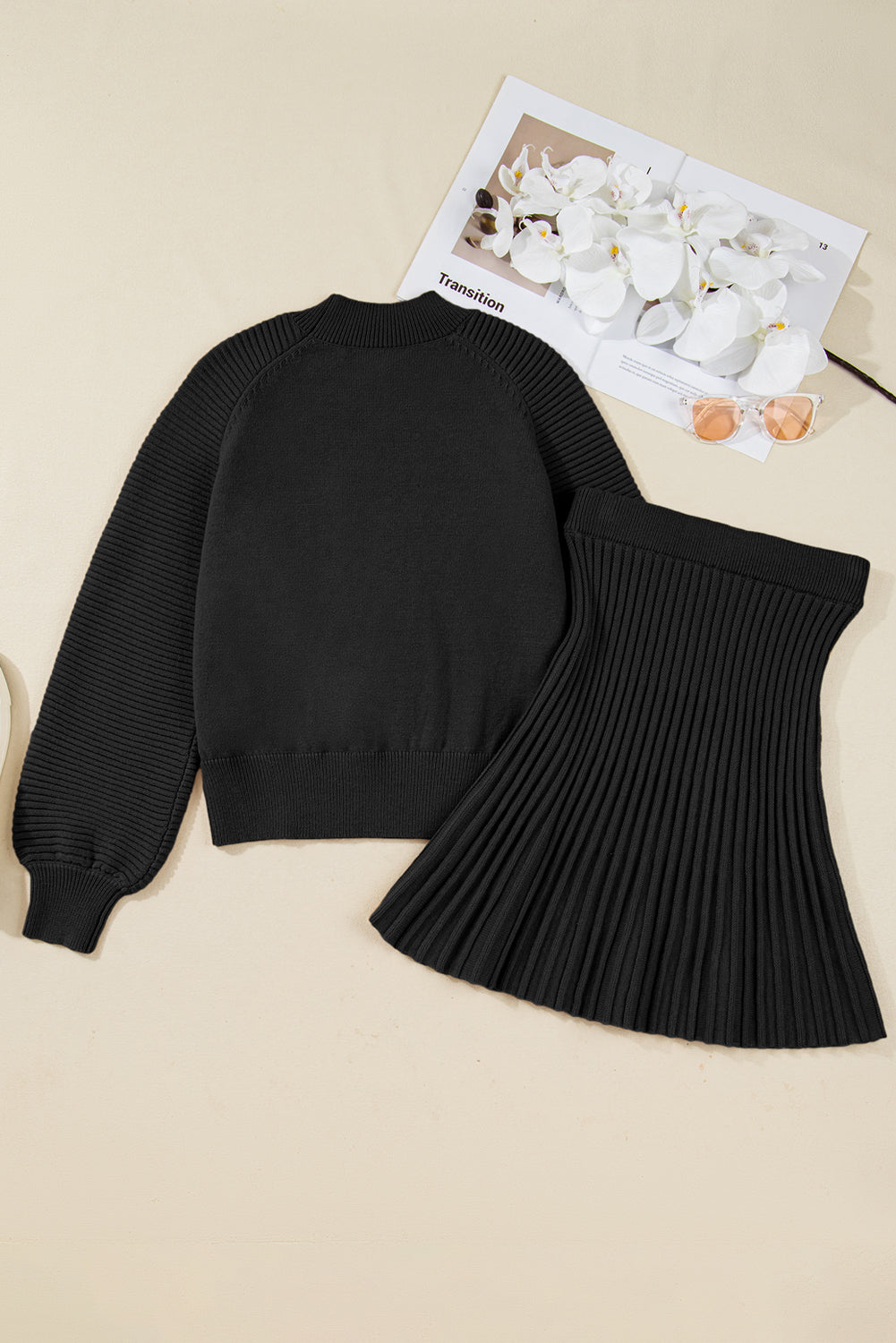 Stacey B's Black High Neck Puff Sleeve Sweater Pleated Mini Skirt 2pcs Knitted Outfit