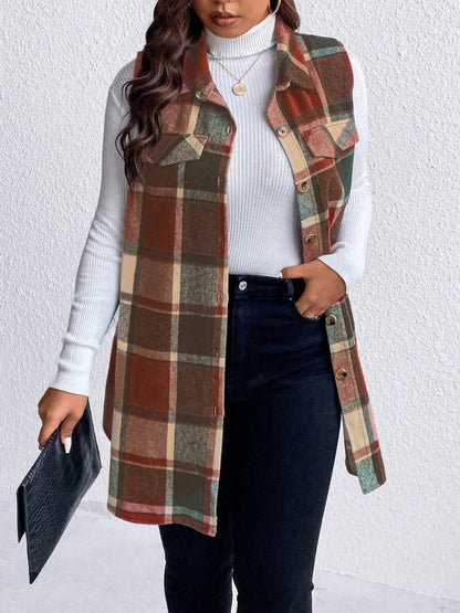 Stacey B's Honey Plus Size Pocketed Plaid Button Up Vest Coat