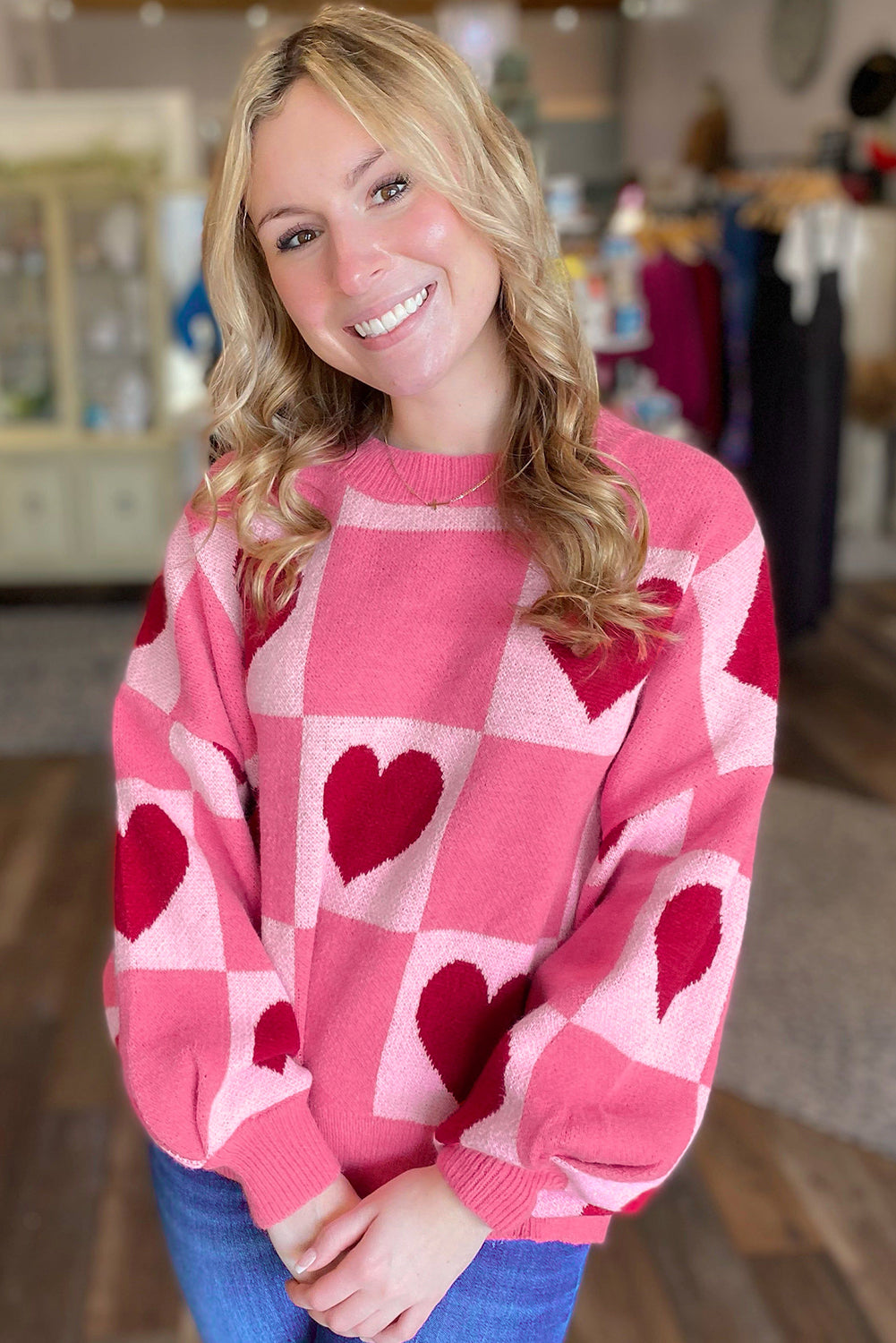 Stacey B's Pink Love Heart Checkered Valentine Crew Neck Sweater