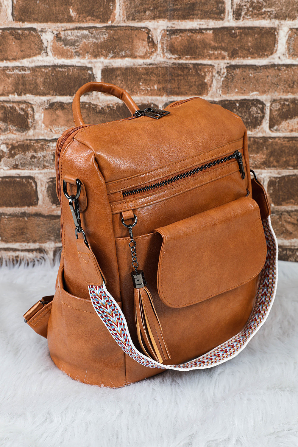 Stacey B's Brown Tassel Decor Retro PU Large Capacity Backpack