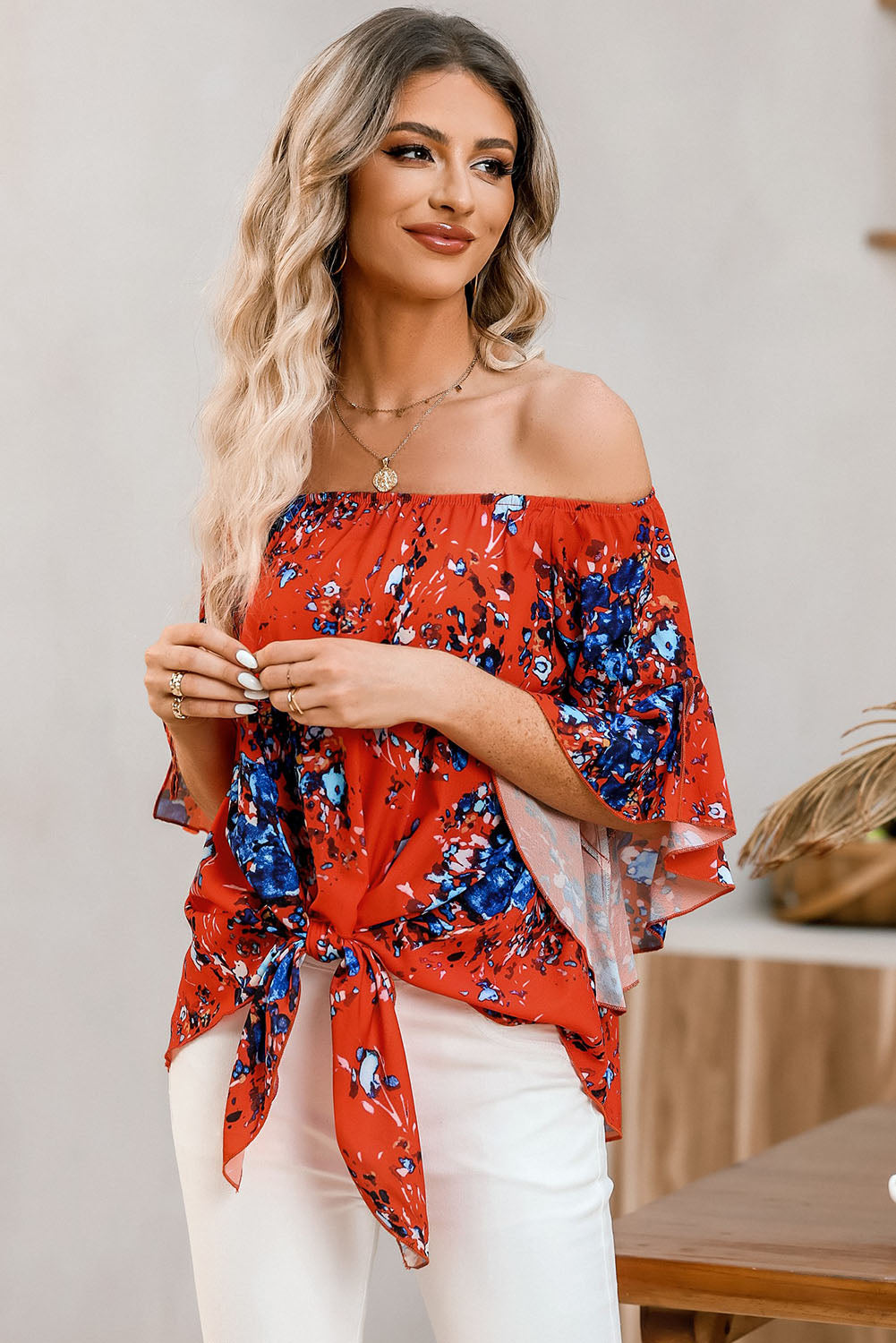 Stacey B's Tied Printed Off-Shoulder Half Sleeve Blouse