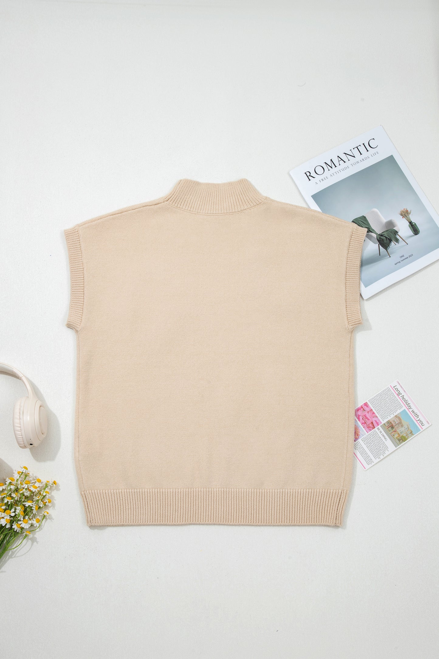 Stacey B's Parchment Corded Horseshoes Ribbed Trim Mock Neck Short Sleeve Sweater
