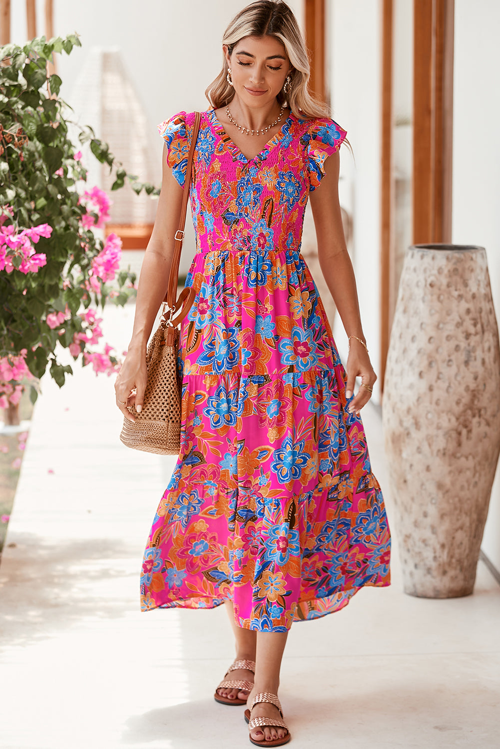 Stacey B's Dark Blue Boho Floral V Neck Ruffle Tiered Long Dress