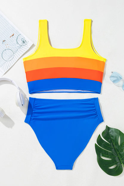 Stacey B's Blue Colorblock Square Neck Top Pleated High Waisted Bikini