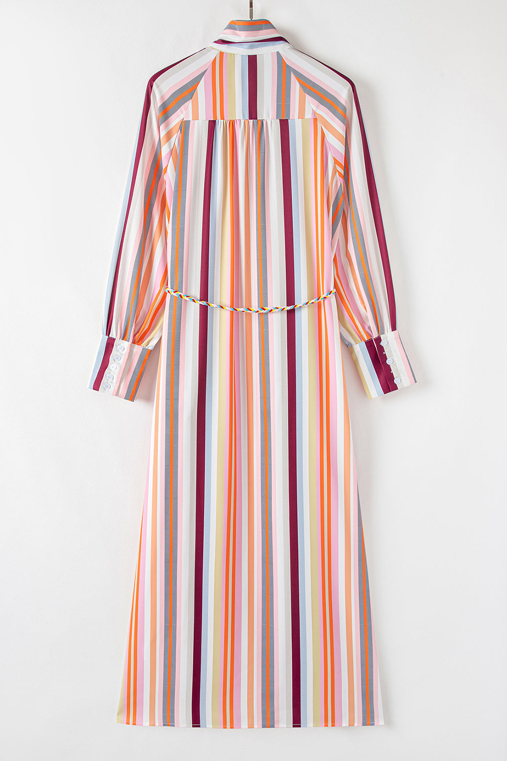 Stacey B's White Multicolor Striped Cuffed Sleeve Tassel Tied Shirt Maxi Dress