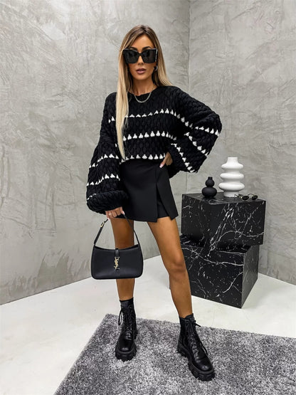 Stacey B's Contrast Round Neck Long Sleeve Sweater