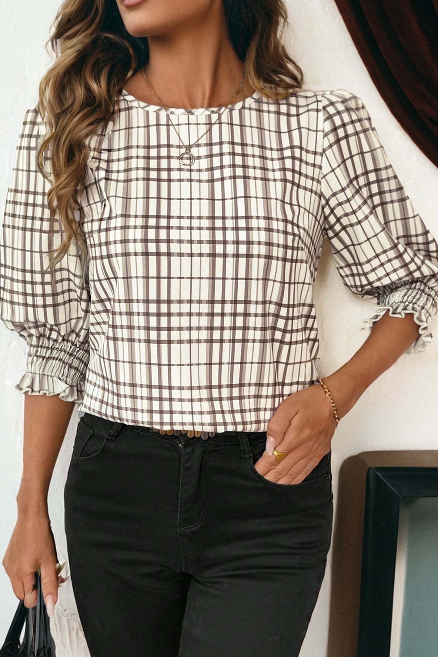 Stacey B's White Plaid Print Frilled Puffy Half Sleeve Blouse