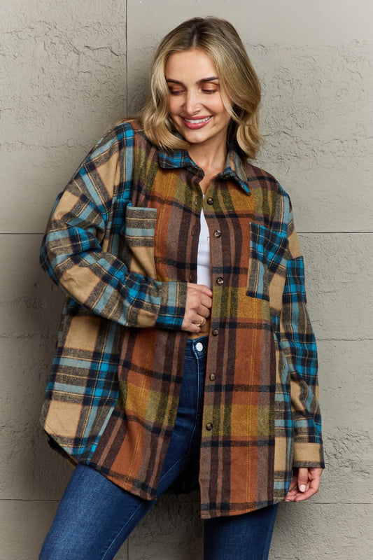 Stacey B's Plaid Curved Hem Shirt Jacket with Breast Pockets