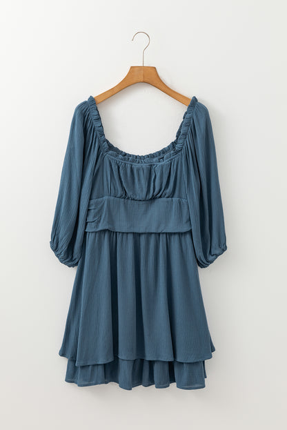 Stacey B's Real Teal Frilled Neckline 3/4 Sleeve Layered Ruched Mini Dress