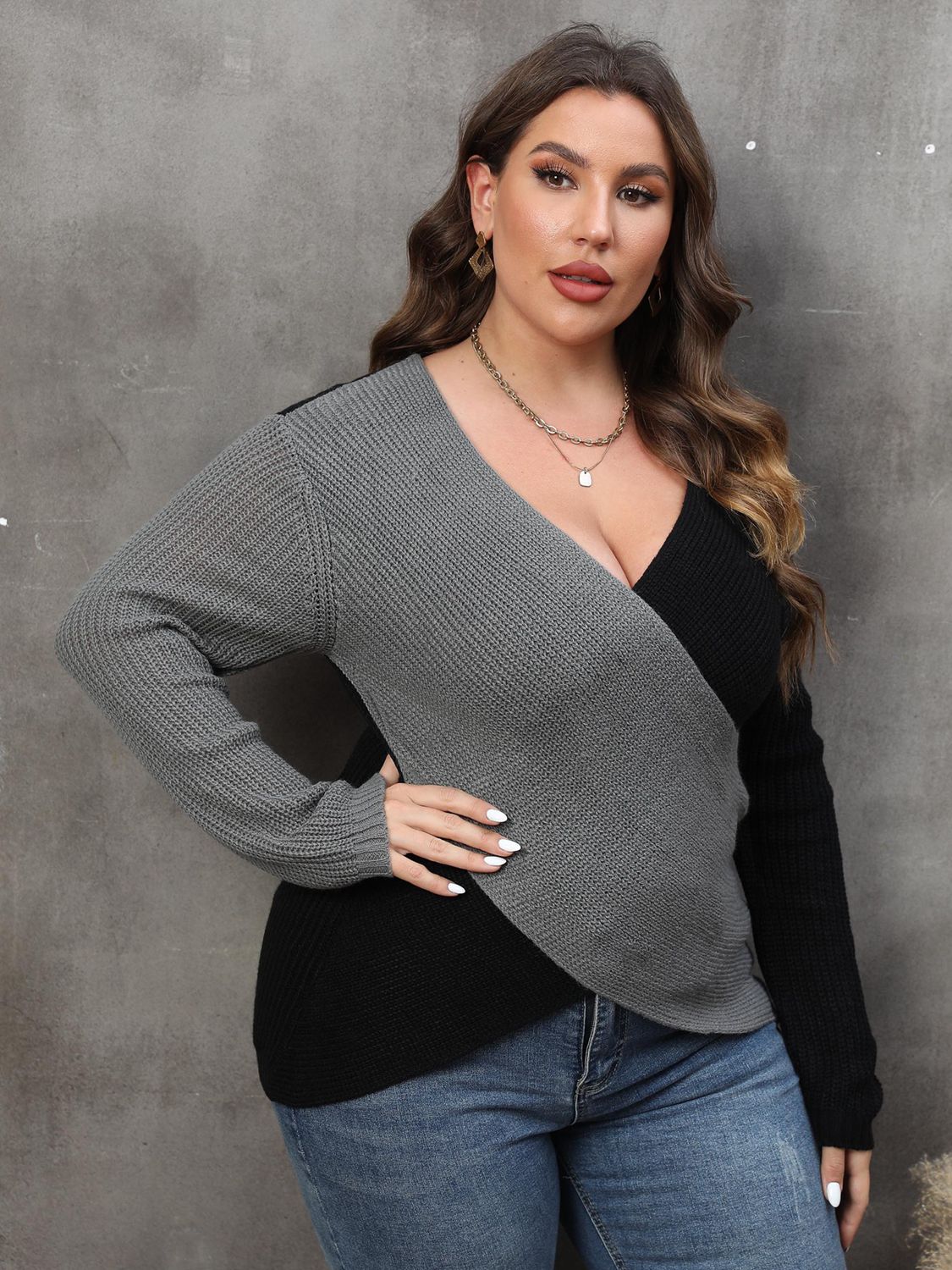 Stacey B's Plus Size Two-Tone Surplice Neck Sweater