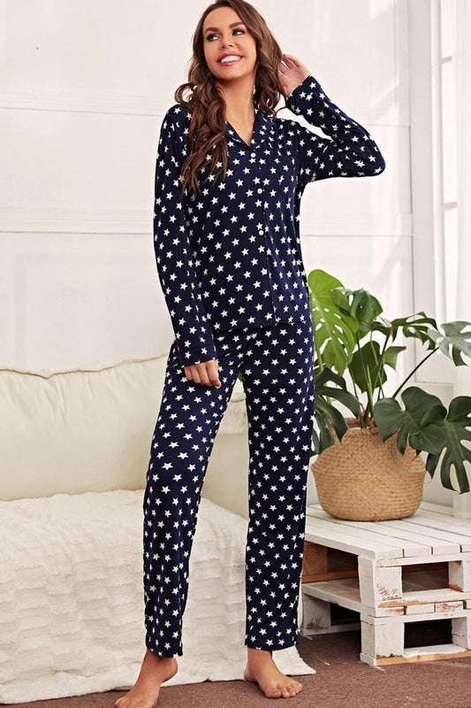 Stacey B's Star Print Button-Up Shirt and Pants Lounge Set